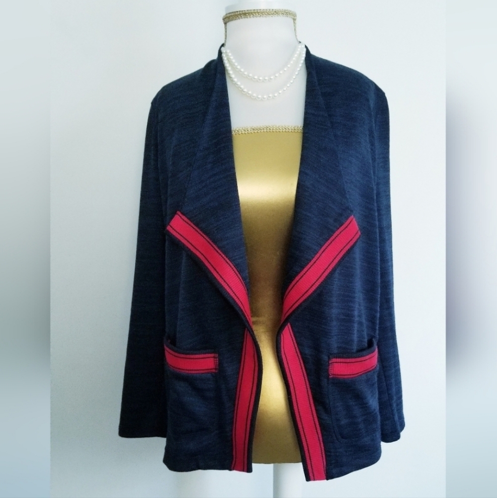 T by Talbots Navy Blue Open Cardigan with Red Trim Details Size P / Petite (0-2)